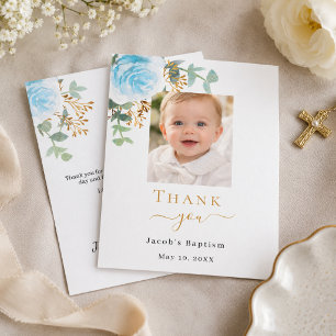 Tarjeta De Agradecimiento Foto de bautizo niño floral azul