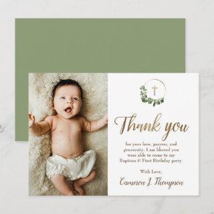 Tarjeta De Agradecimiento Foto de bautizo y 1er cumpleaños en verde moderno 