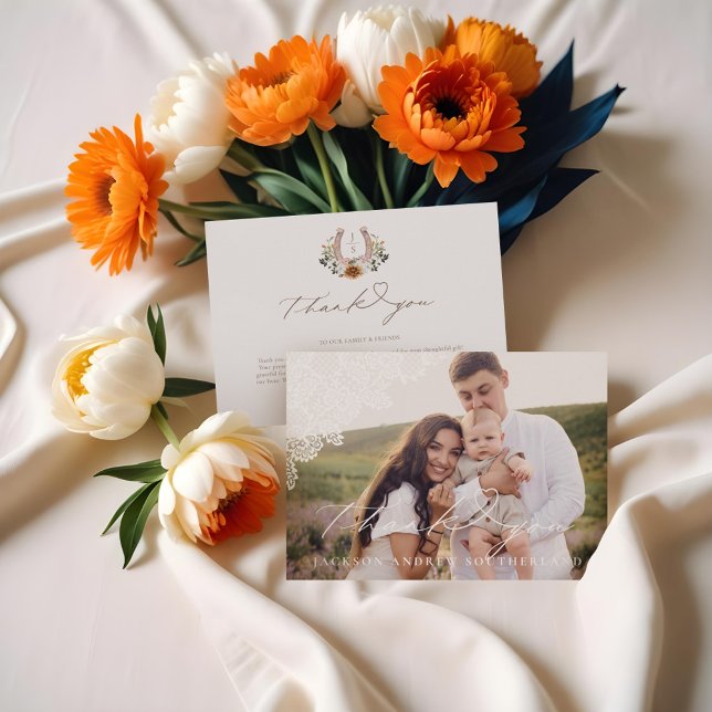 Tarjeta De Agradecimiento Foto de bebé de Western Lace Floral Horseshoe (Western Lace Floral Horseshoe Baby Photo Thank You Card)