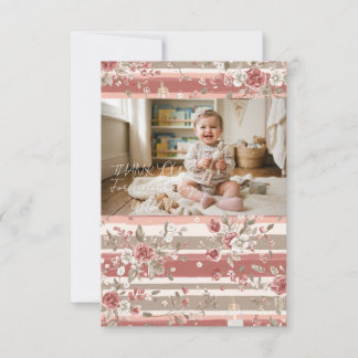 Tarjeta De Agradecimiento Foto de Bebé Niña Floral Vintage Rosa Polvorienta