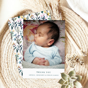 Tarjeta De Agradecimiento Foto de bebé simple Boho acuarela flor silvestre
