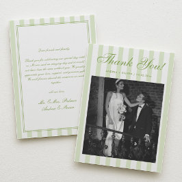 Tarjeta De Agradecimiento Foto de boda a rayas blancas y verdes retro