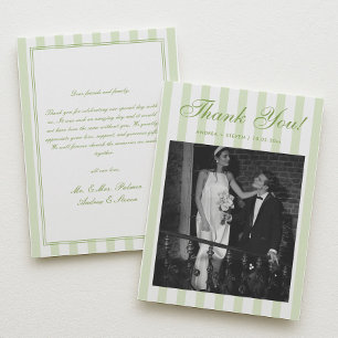 Tarjeta De Agradecimiento Foto de boda a rayas blancas y verdes retro
