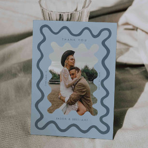 Tarjeta De Agradecimiento Foto de Boda azul de la línea dibujada a mano apre