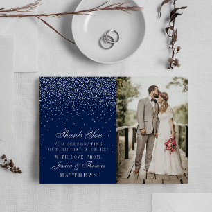 Tarjeta De Agradecimiento Foto de boda azul marino y confeti plateado glam