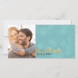 Tarjeta De Agradecimiento Foto de boda azul verdoso y dorado Amor y gracias 