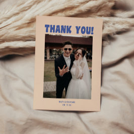 Tarjeta De Agradecimiento Foto de boda azul y beige retro moderno