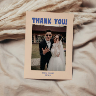 Tarjeta De Agradecimiento Foto de boda azul y beige retro moderno