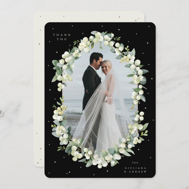 Tarjeta De Agradecimiento Foto de Boda Black/Cream Snowberry+Eucalyptus (Anverso / Reverso)