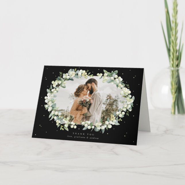 Tarjeta De Agradecimiento Foto de Boda Black Snowberry+Eucalyptus (Anverso)