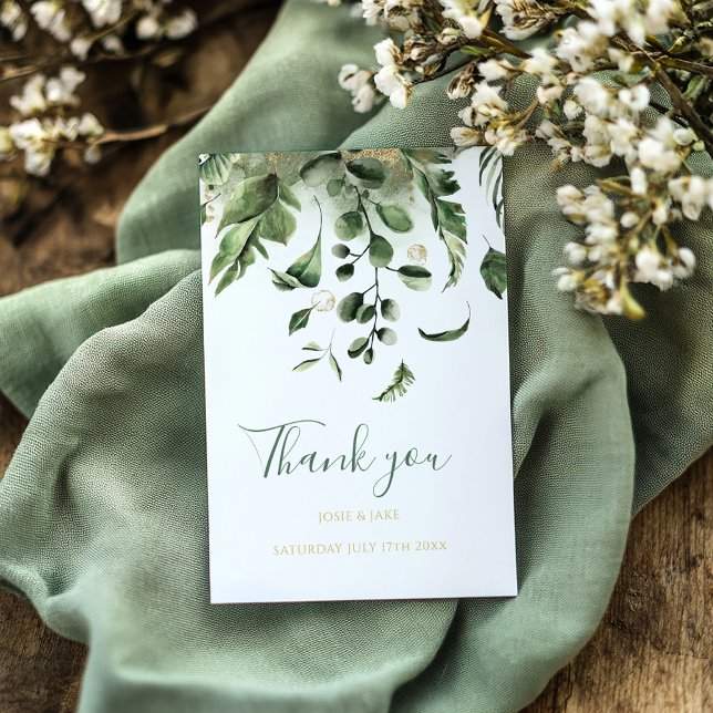 Tarjeta De Agradecimiento Foto de boda, boda en jardín de hojas verdes (Wedding photo, green leaves wedding thank you card.)