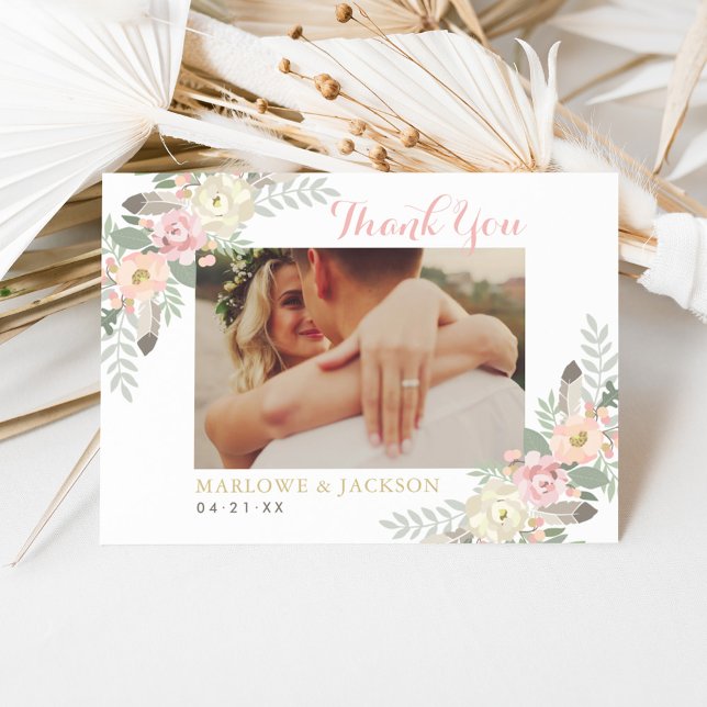 Tarjeta De Agradecimiento Foto de boda boho floral rosa y dorado (Subido por el creador)