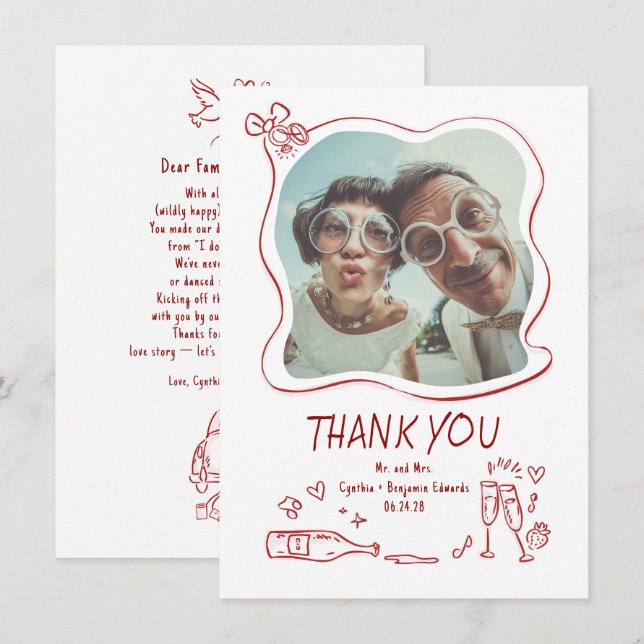 Tarjeta De Agradecimiento Foto de boda caprichosa y funky dibujada a mano (Anverso / Reverso)