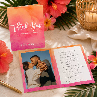 Tarjeta De Agradecimiento Foto de boda con acuarela naranja rosa moderna