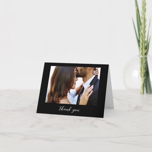 Tarjeta De Agradecimiento Foto de boda con código elegante negro Minimalista (Anverso)