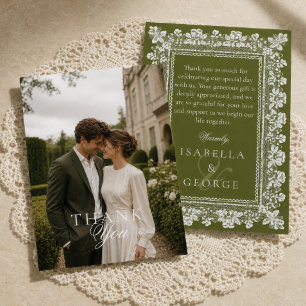 Tarjeta De Agradecimiento Foto de boda con encaje verde oliva y dinero antig