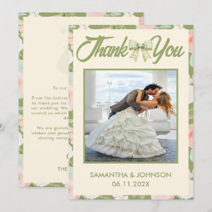 Tarjeta De Agradecimiento Foto de boda con lazo de gingham verde de flor sil