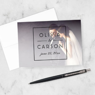 Tarjeta De Agradecimiento Foto de boda con monograma geométrico negro modern