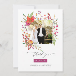 Tarjeta De Agradecimiento Foto de boda de acuarela con flores silvestres