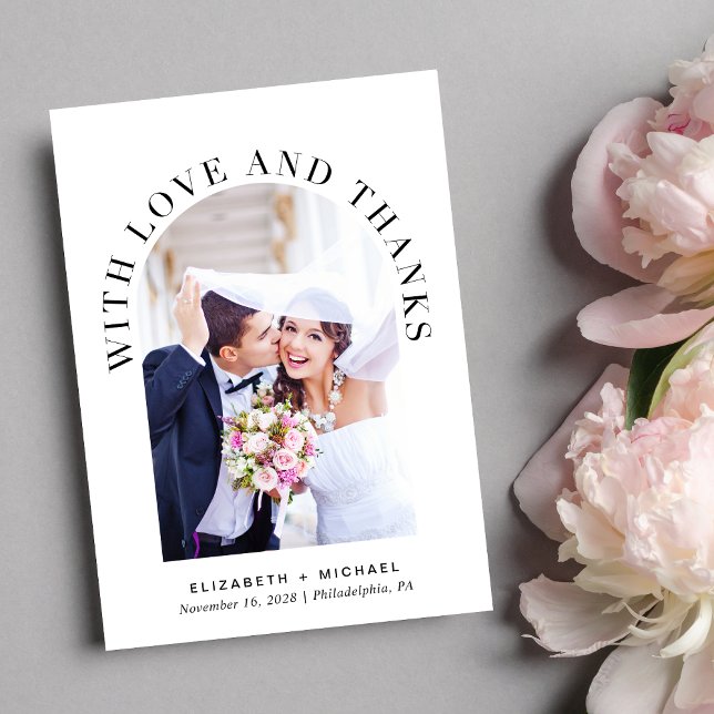 Tarjeta De Agradecimiento Foto de boda de arco moderno (Celebrate your love story with a thank you card showcasing your photo in an elegant arch frame)