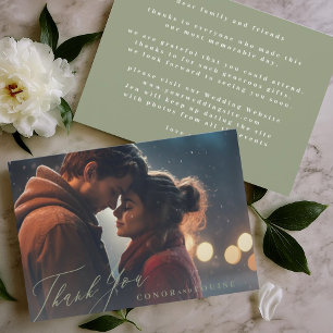 Tarjeta De Agradecimiento Foto de Boda de caligrafía verde sabio tradicional
