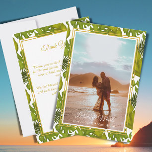Tarjeta De Agradecimiento Foto de Boda de Destino Tropical Leaves Gold