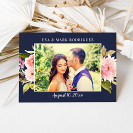 Tarjeta De Agradecimiento Foto de boda de flores de acuarela rosadas de la M