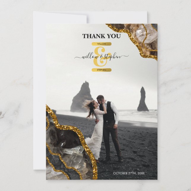 Tarjeta De Agradecimiento Foto de Boda de Geode de Black & Gold Agate (Anverso)