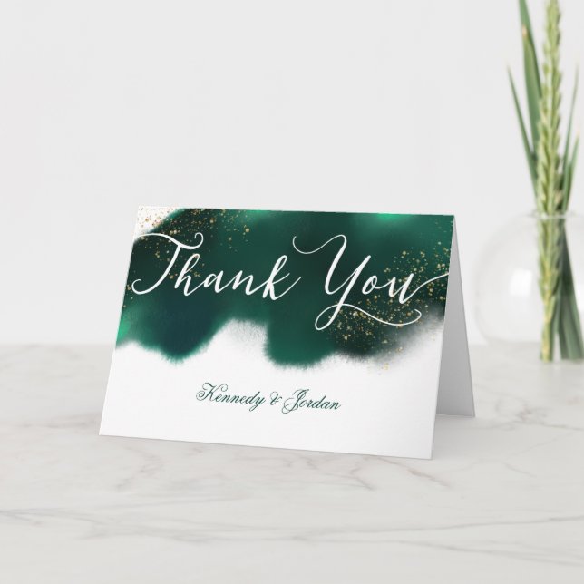 Tarjeta De Agradecimiento Foto de Boda de Glam Emerald Green Gold Purpurina (Anverso)
