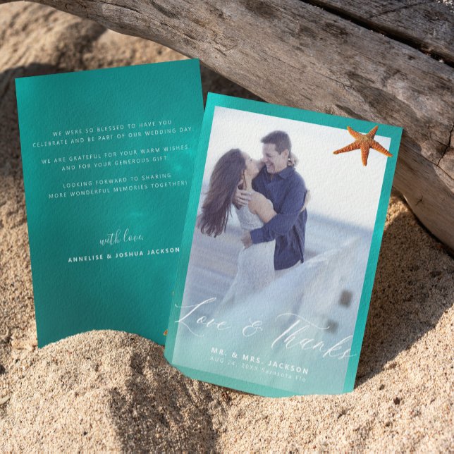 Tarjeta De Agradecimiento Foto de boda de la playa azul de Starfish aqua (Subido por el creador)