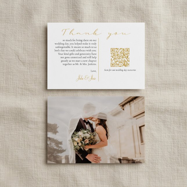 Tarjeta De Agradecimiento Foto de boda de modo y código QR de oro de recuerd (Modern wedding photo and memories gold QR code Thank You Card.)