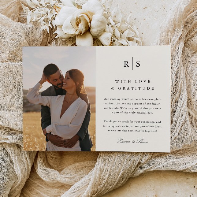 Tarjeta De Agradecimiento Foto de Boda de monograma clásico negro y crudo (Subido por el creador)