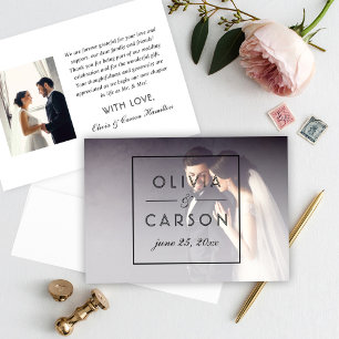 Tarjeta De Agradecimiento Foto de boda de monograma geométrico negro moderno