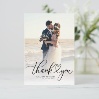 Tarjeta De Agradecimiento foto de boda de recién casados con letra corazón
