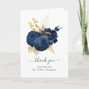 Tarjeta De Agradecimiento Foto de boda de rosa vintage azul marino y dorado