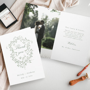 Tarjeta De Agradecimiento Foto de Boda del Escudo floral verde sabio francés