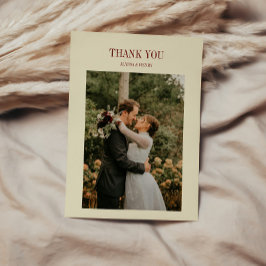Tarjeta De Agradecimiento Foto de boda elegante clásica marfil beige y roja