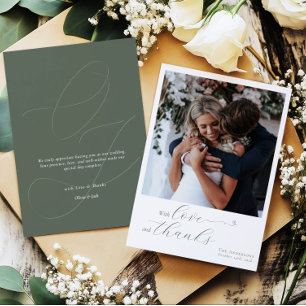 Tarjeta De Agradecimiento Foto de boda elegante con caligrafía en verde salv