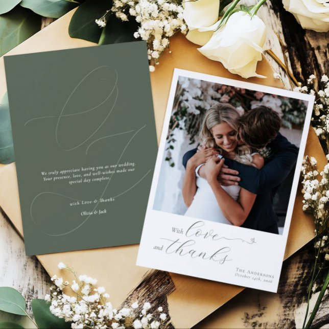Tarjeta De Agradecimiento Foto de boda elegante con caligrafía en verde salv (Subido por el creador)