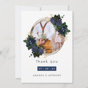 Tarjeta De Agradecimiento Foto de boda floral azul marino y dorado