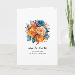 Tarjeta De Agradecimiento Foto de boda floral azul, naranja, amarillo y rojo