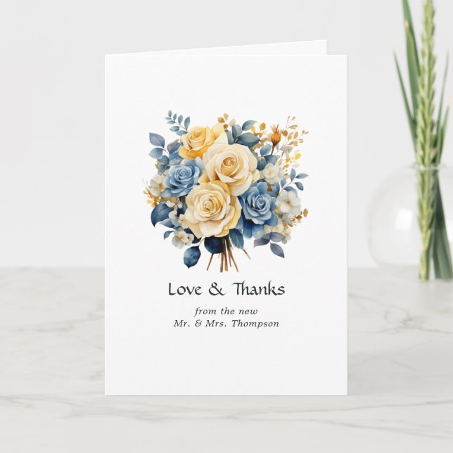Tarjeta De Agradecimiento Foto de Boda floral azul y dorado (Anverso)
