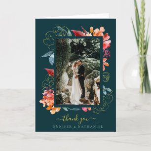Tarjeta De Agradecimiento Foto de boda floral con acuarela de color óxido y