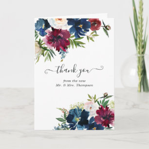 Tarjeta De Agradecimiento Foto de boda floral en acuarela Bordo y Navy