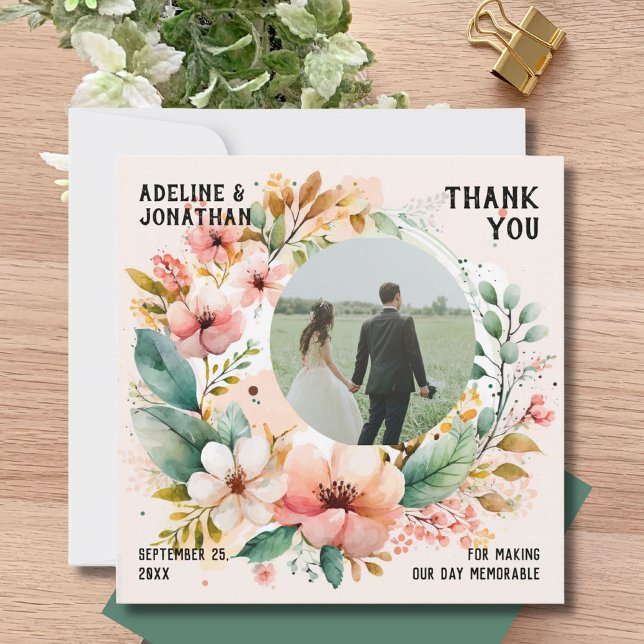 Tarjeta De Agradecimiento Foto de boda floral en acuarela plana (Subido por el creador)