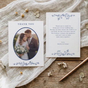 Tarjeta De Agradecimiento Foto de boda floral francesa azul marino vintage
