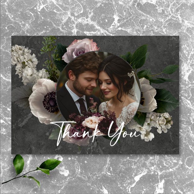 Tarjeta De Agradecimiento Foto de Boda floral moderno elegante de carbón veg (Charcoal Gray Elegant Floral Modern Wedding Photo Thank You Card)