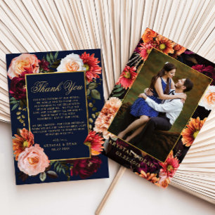 Tarjeta De Agradecimiento Foto de boda floral naranja burdeos oscuro navy