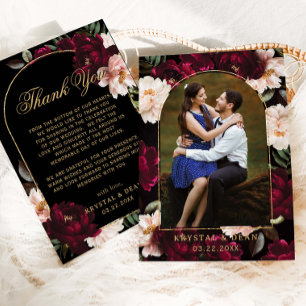Tarjeta De Agradecimiento Foto de Boda Floral Negra con Rubor de Borgoña Mal