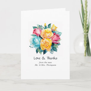 Tarjeta De Agradecimiento Foto de boda floral turquesa, amarilla y rosa